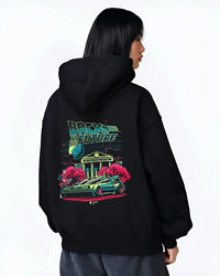 Black hoodie worn by a female model, back view, featuring DeLorean DMC-12 street retro classic racing performance graphic.