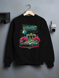 Black crewneck sweatshirt on a hanger against a grey wall, featuring DeLorean DMC-12 street retro classic racing graphic.