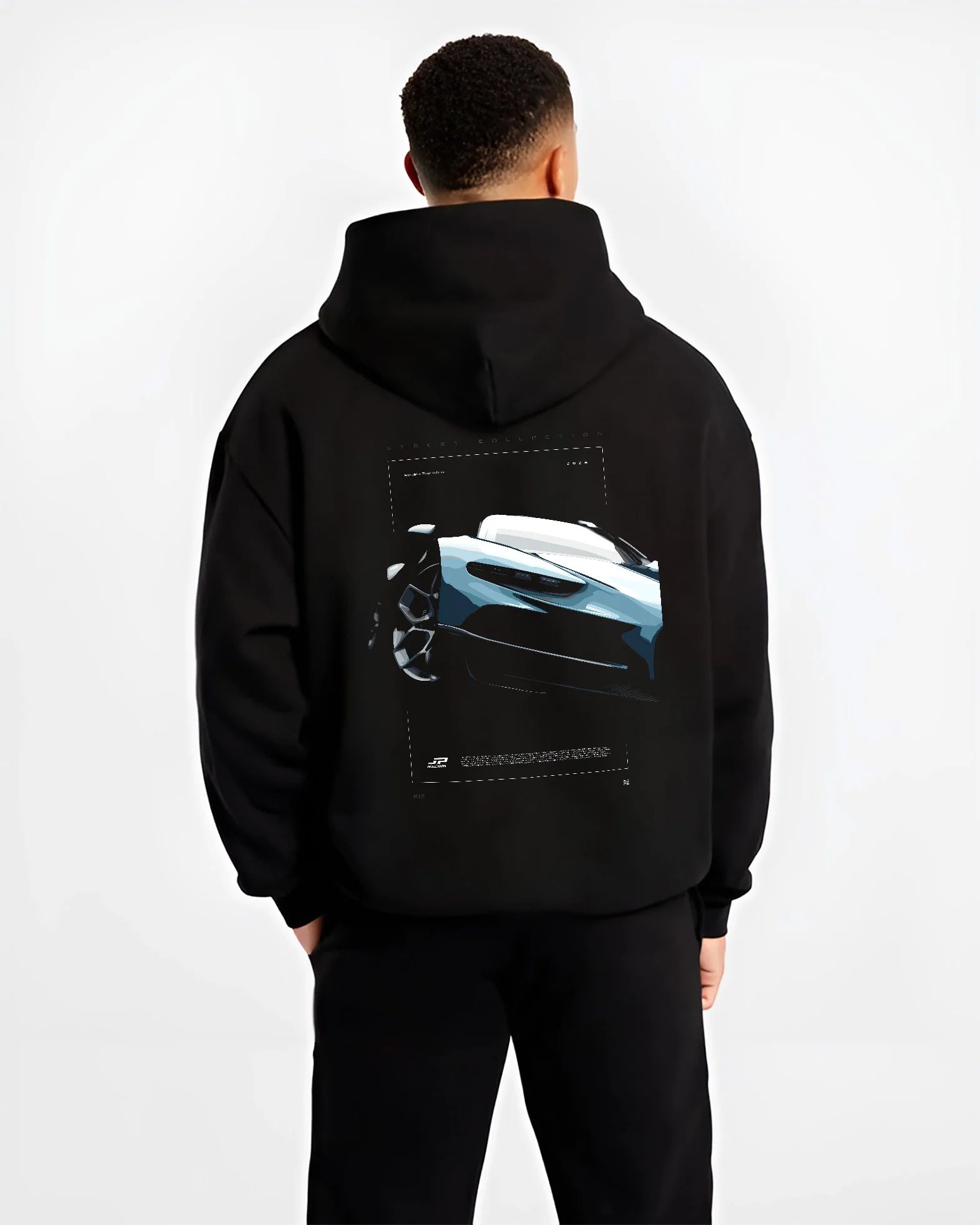 Black hoodie worn by a male model, back view, featuring Bugatti racing speed street performance motorsport automotive graphic.