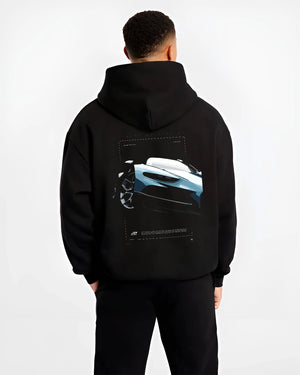 Black hoodie worn by a male model, back view, featuring Bugatti racing speed street performance motorsport automotive graphic.