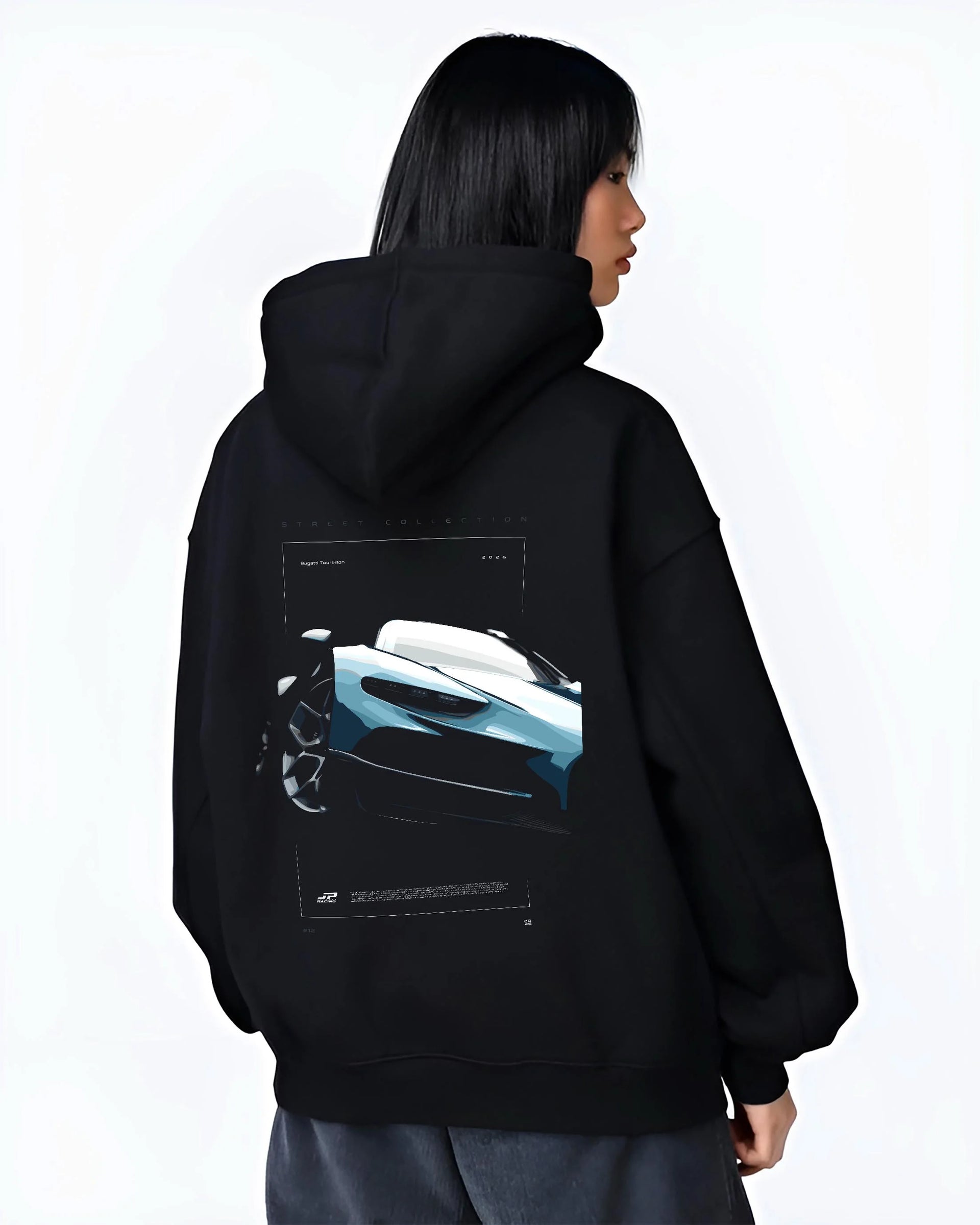 Black hoodie worn by a female model, back view, featuring Bugatti racing speed street performance motorsport automotive graphic.