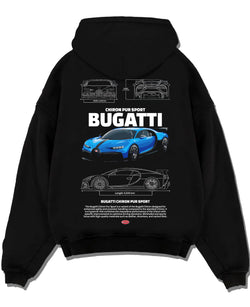 Black pullover hoodie laid flat on a white background, featuring Bugatti iconic speed racing street performance motorsport graphic.