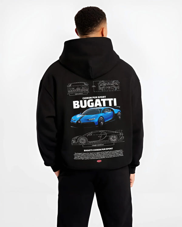 Black hoodie worn by a male model, back view, featuring Bugatti iconic speed racing street performance motorsport graphic.