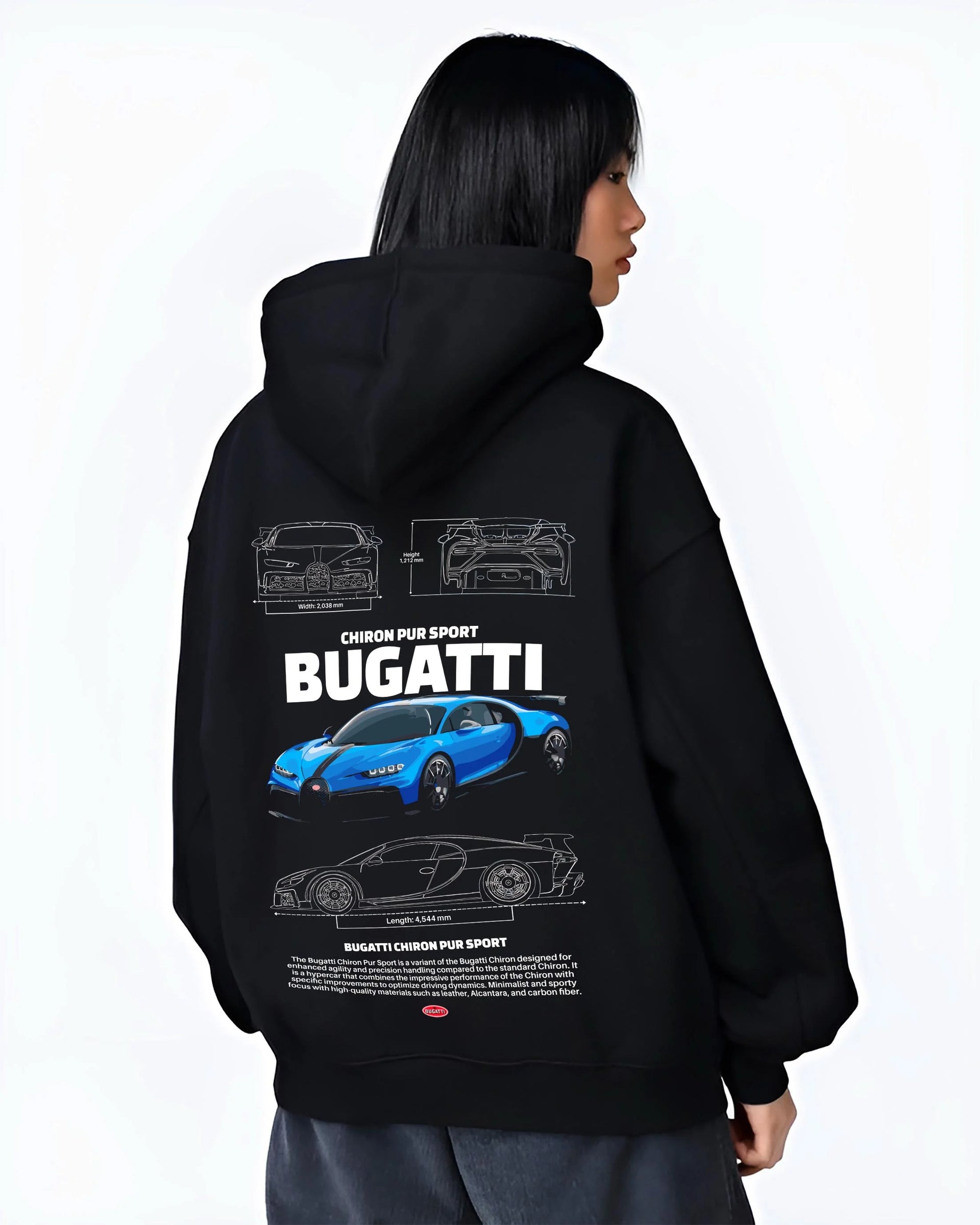 Black hoodie worn by a female model, back view, featuring Bugatti iconic speed racing street performance motorsport graphic.