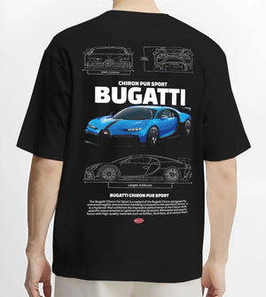 Black T-shirt worn by a male model, back view, featuring Bugatti iconic speed racing street performance motorsport graphic.