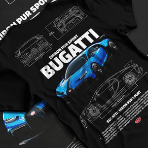 Black T-shirt laid flat with natural fabric folds, featuring Bugatti iconic speed racing street performance motorsport graphic.