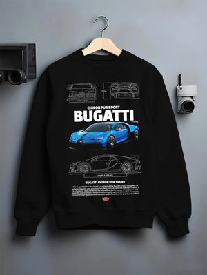 Black crewneck sweatshirt on a hanger against a grey wall, featuring Bugatti iconic speed racing street performance graphic.