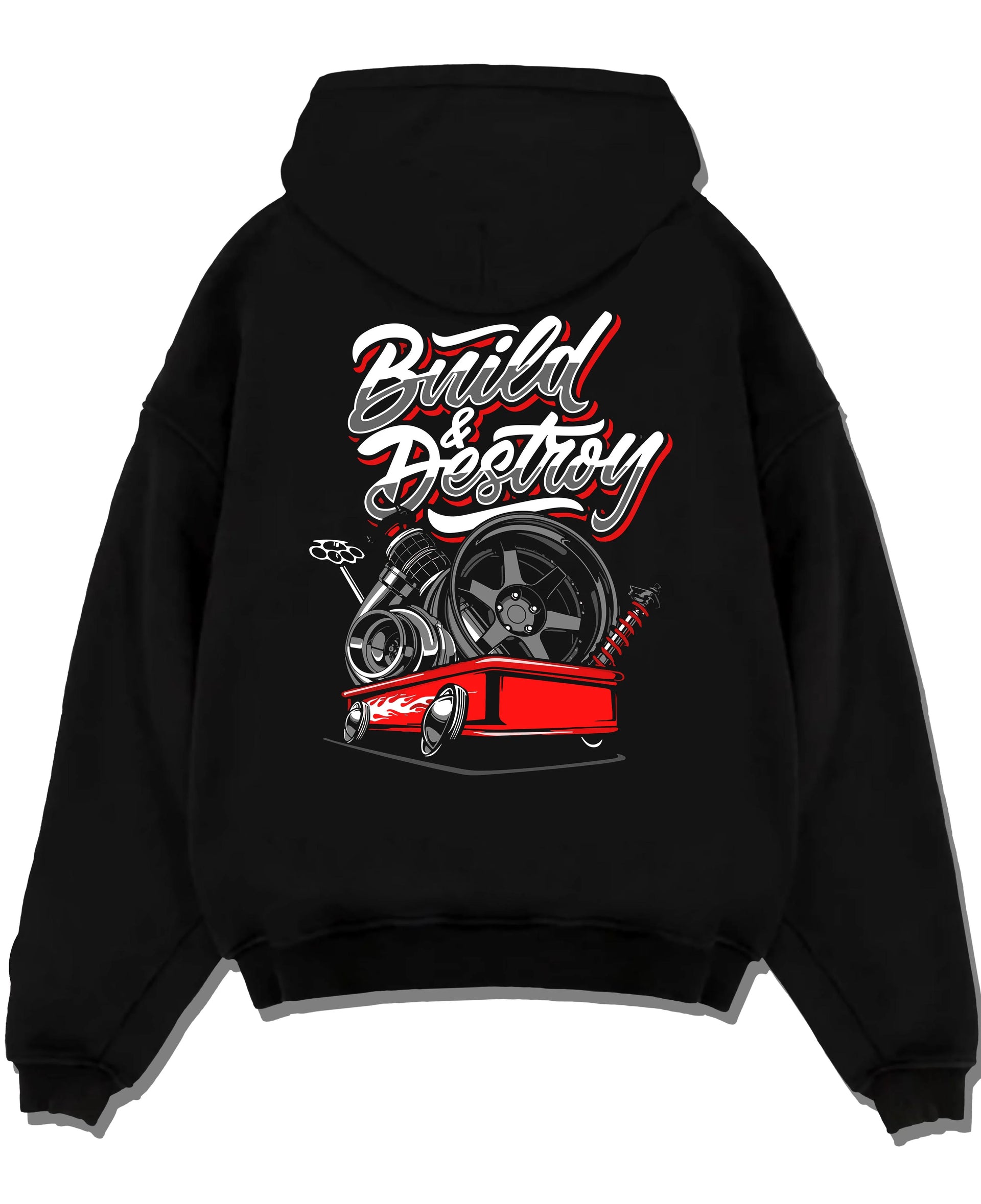 Black pullover hoodie laid flat on a white background, featuring racing street performance motorsport automotive enthusiast graphic.