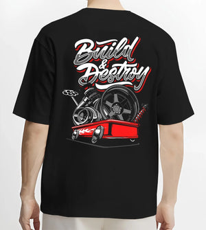 Black T-shirt worn by a male model, back view, featuring racing street performance motorsport automotive enthusiast power graphic.