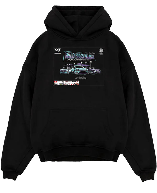 Black pullover hoodie laid flat on a white background, featuring racing tuner street show performance motorsport automotive graphic.