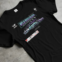 Black T-shirt laid flat with natural fabric folds, featuring racing tuner street show performance motorsport automotive graphic.