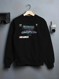 Black crewneck sweatshirt on a hanger against a grey wall, featuring racing tuner street show performance motorsport graphic.