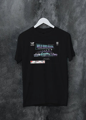 Black crewneck T-shirt on a hanger against a grey wall, featuring racing tuner street show performance motorsport graphic.