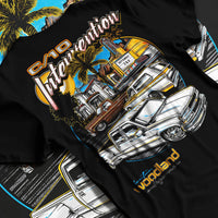 Black T-shirt laid flat with natural fabric folds, featuring Chevrolet C10 retro vintage classic racing street performance graphic.