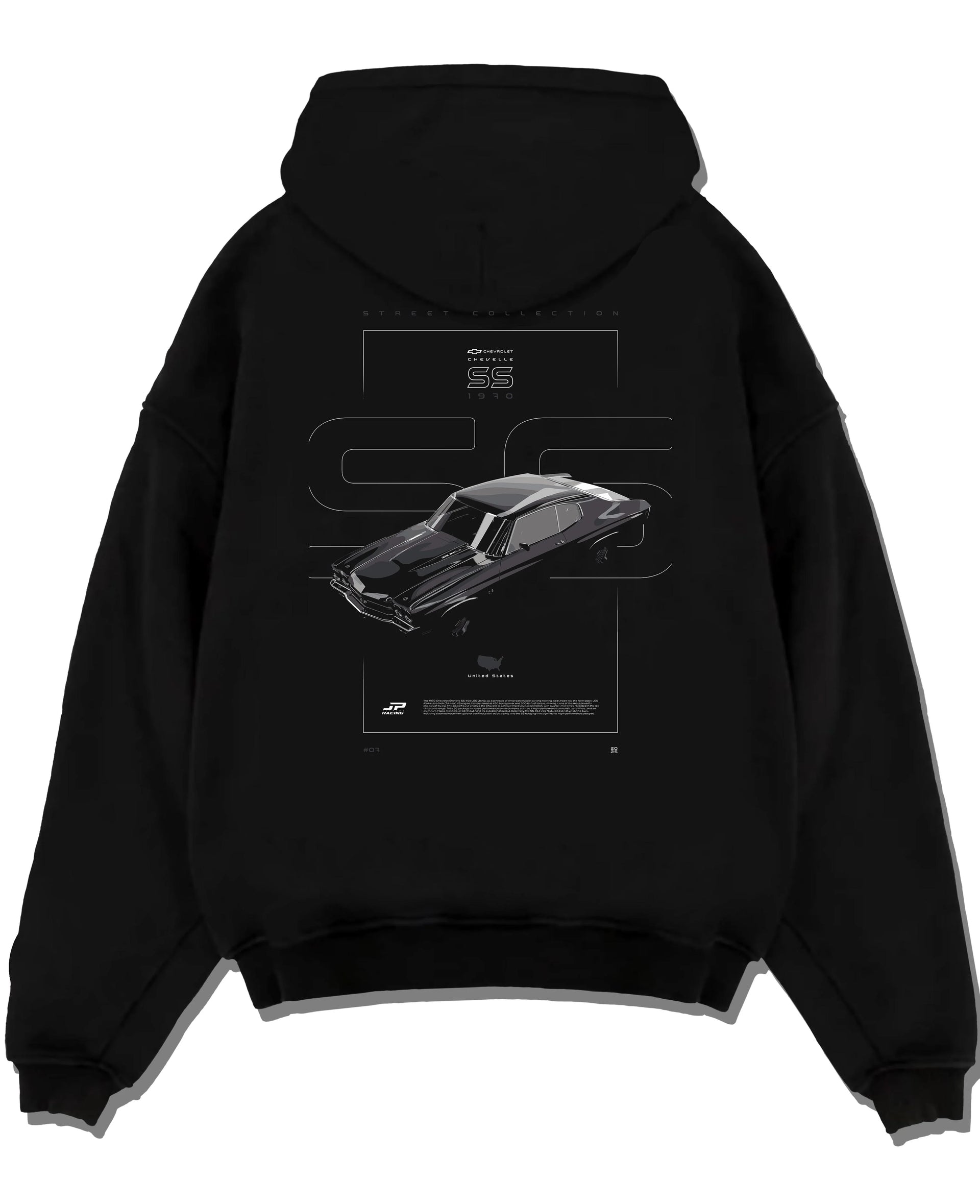 Black pullover hoodie laid flat on a white background, featuring Chevrolet C10 retro classic enthusiast racing street graphic.