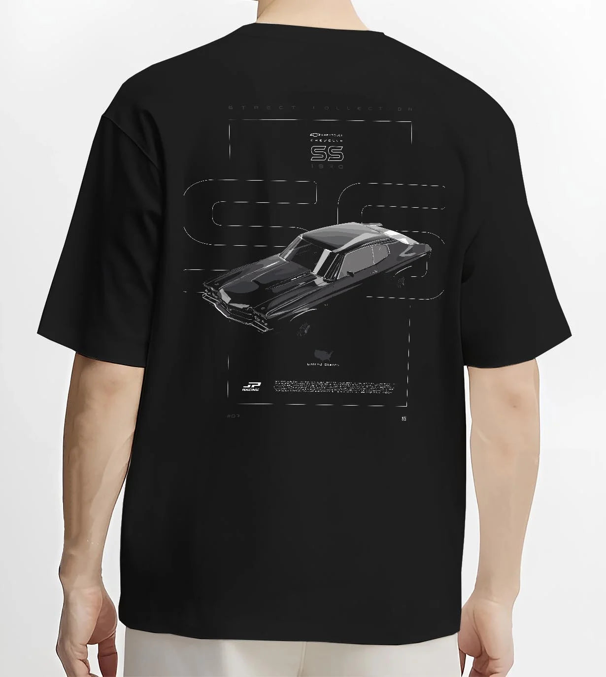 Black T-shirt worn by a male model, back view, featuring Chevrolet C10 retro classic enthusiast racing street performance graphic.