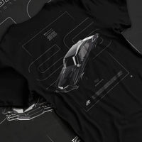 Black T-shirt laid flat with natural fabric folds, featuring Chevrolet C10 retro classic enthusiast racing street graphic.