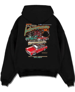 Black pullover hoodie laid flat on a white background, featuring Chevrolet C10 vintage classic enthusiast meet racing graphic.