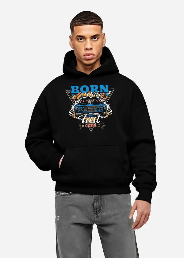 Black hoodie worn by a male model, front view, featuring Chevrolet Corvette C6 corvette racing drift muscle street graphic.