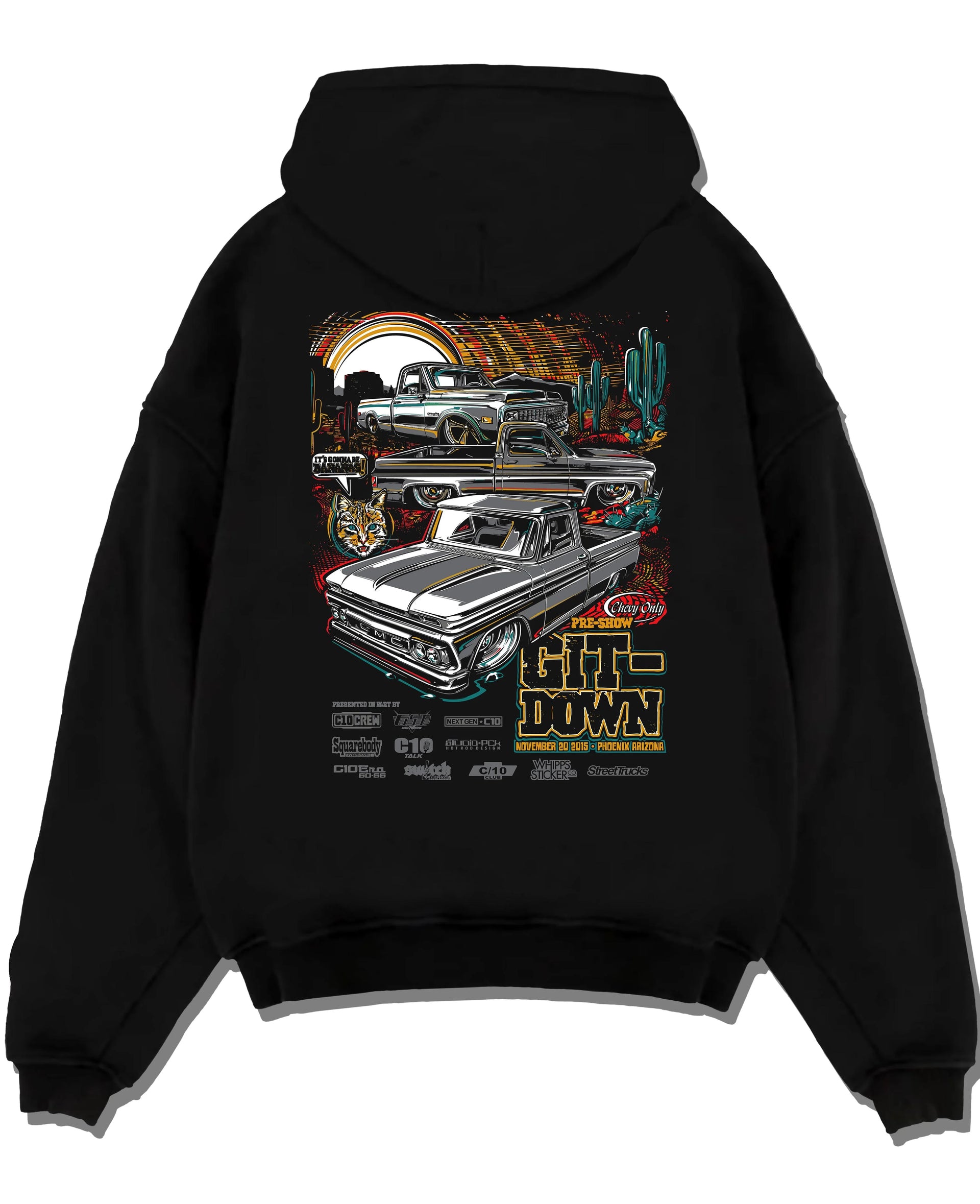 Black pullover hoodie laid flat on a white background, featuring Chevrolet Corvette C8R gt3 rs corvette racing motorsport graphic.