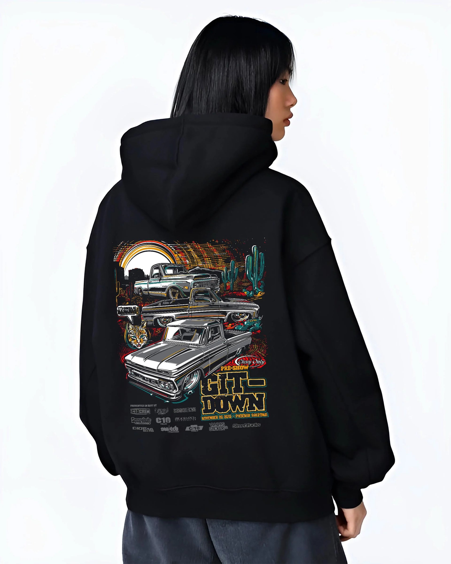 Black hoodie worn by a female model, back view, featuring Chevrolet Corvette C8R gt3 rs corvette racing motorsport american graphic.