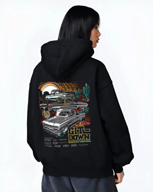 Black hoodie worn by a female model, back view, featuring Chevrolet Corvette C8R gt3 rs corvette racing motorsport american graphic.