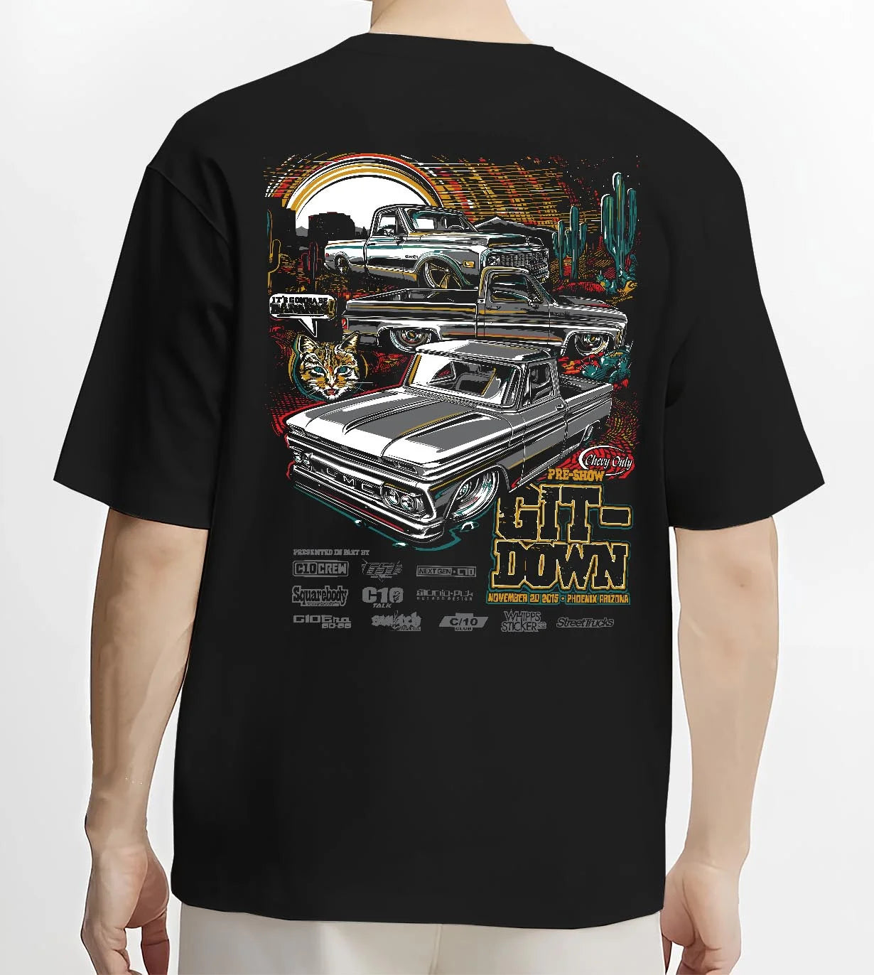 Black T-shirt worn by a male model, back view, featuring Chevrolet Corvette C8R gt3 rs corvette racing motorsport american graphic.