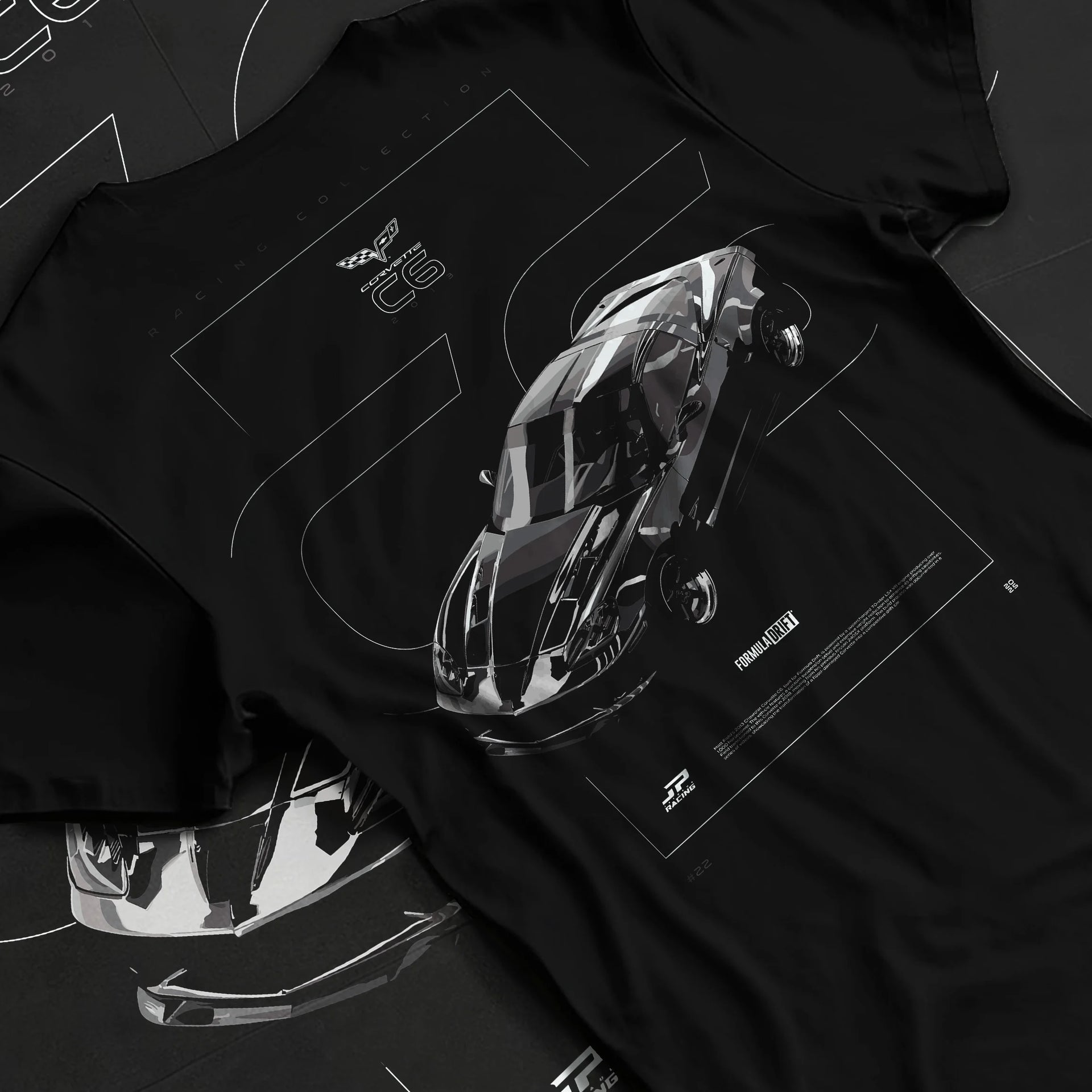 Black T-shirt laid flat with natural fabric folds, featuring Chevrolet Corvette C8R rs corvette racing motorsport american graphic.