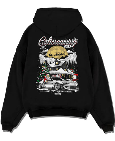 Black pullover hoodie laid flat on a white background, featuring rs drift jdm street racing performance motorsport graphic.