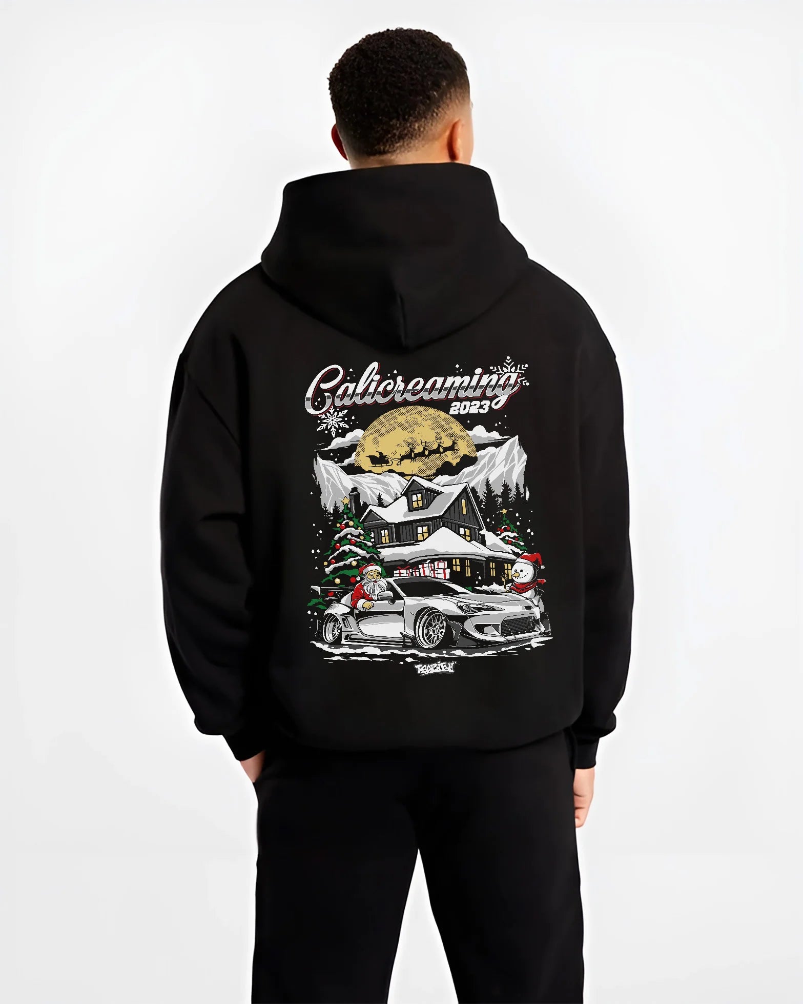 Black hoodie worn by a male model, back view, featuring rs drift jdm street racing performance motorsport automotive graphic.