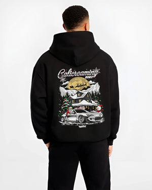 Black hoodie worn by a male model, back view, featuring rs drift jdm street racing performance motorsport automotive graphic.