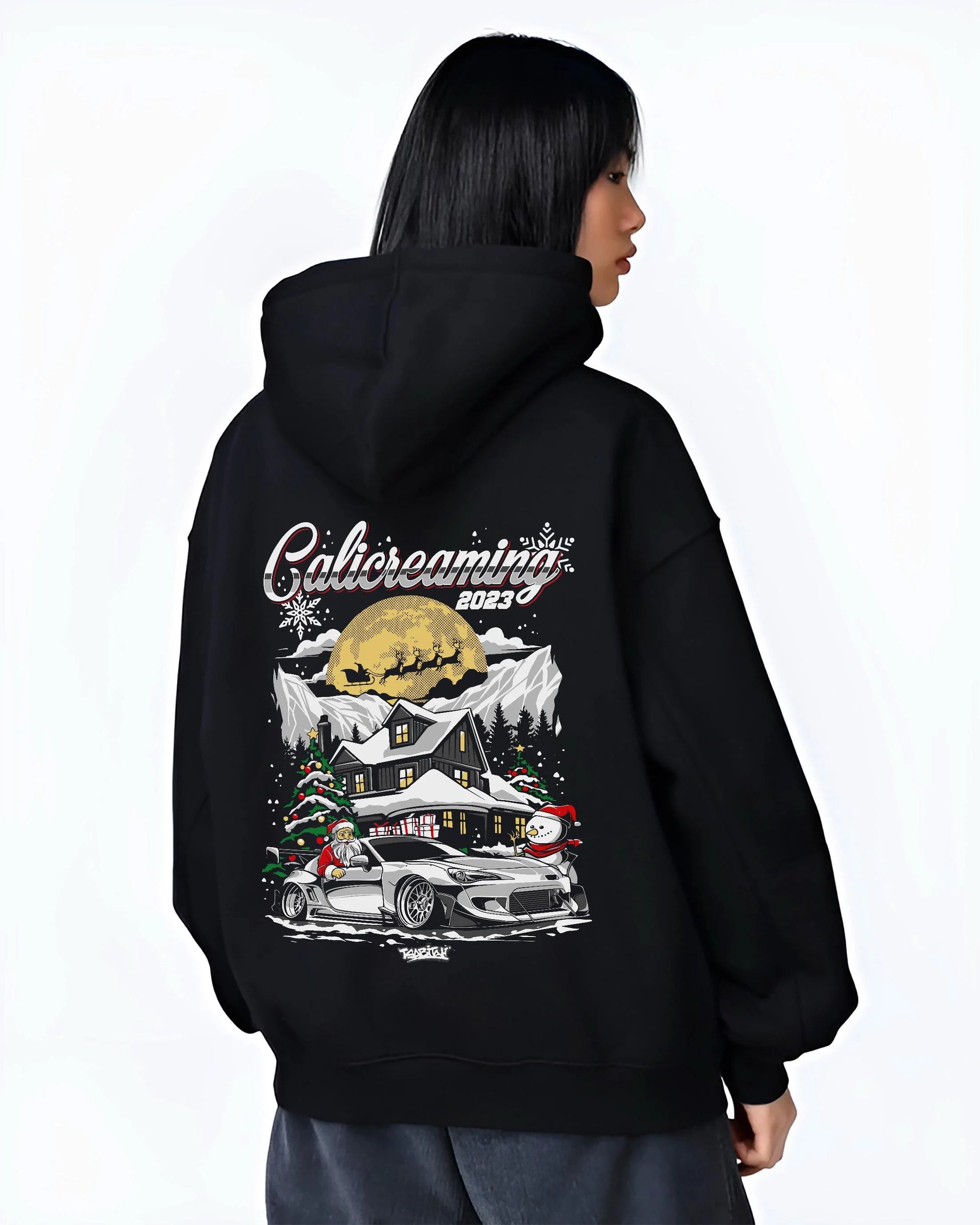 Black hoodie worn by a female model, back view, featuring rs drift jdm street racing performance motorsport automotive graphic.