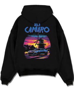 Black pullover hoodie laid flat on a white background, featuring Chevrolet Camaro rs racing nascar motorsport american graphic.