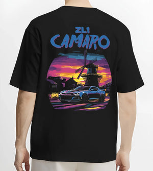 Black T-shirt worn by a male model, back view, featuring Chevrolet Camaro rs racing nascar motorsport american muscle graphic.