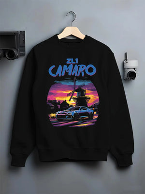 Black crewneck sweatshirt on a hanger against a grey wall, featuring Chevrolet Camaro rs racing nascar motorsport american graphic.