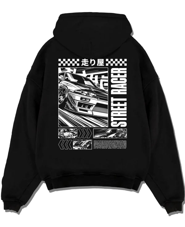 Black pullover hoodie laid flat on a white background, featuring racing street performance motorsport automotive enthusiast car01.