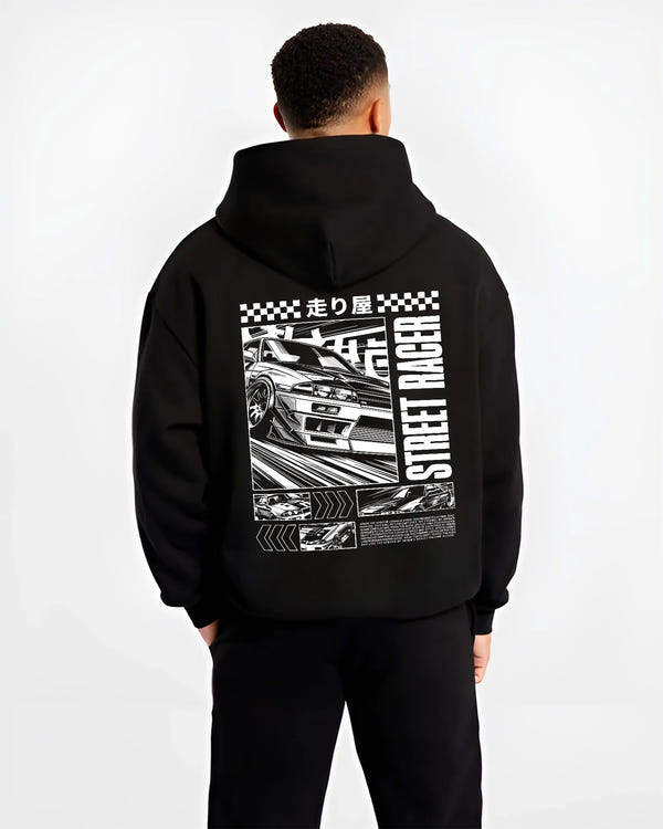 Black hoodie worn by a male model, back view, featuring racing street performance motorsport automotive enthusiast power car01.