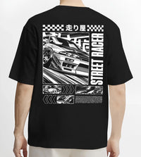 Black T-shirt worn by a male model, back view, featuring racing street performance motorsport automotive enthusiast power car01.