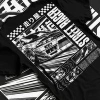 Black T-shirt laid flat with natural fabric folds, featuring racing street performance motorsport automotive enthusiast car01.