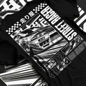 Black T-shirt laid flat with natural fabric folds, featuring racing street performance motorsport automotive enthusiast car01.