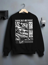 Black crewneck sweatshirt on a hanger against a grey wall, featuring racing street performance motorsport automotive car01.