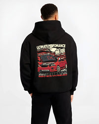 Black hoodie worn by a male model, back view, featuring racing street performance motorsport automotive enthusiast power car02.