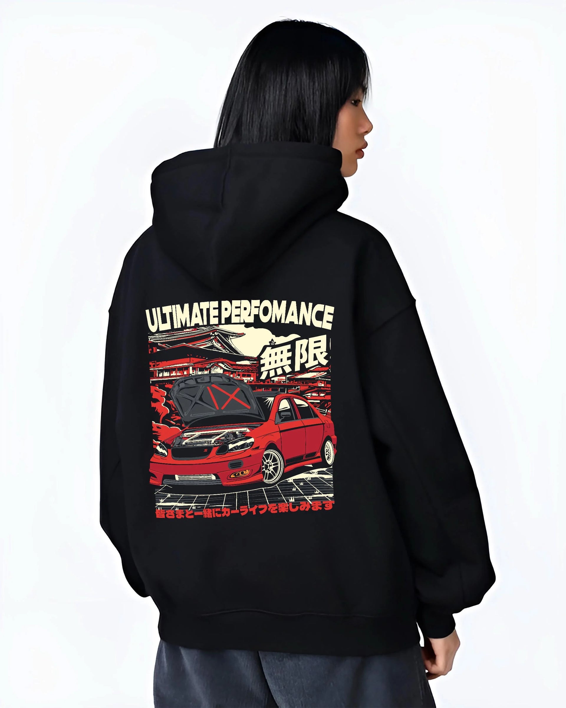 Black hoodie worn by a female model, back view, featuring racing street performance motorsport automotive enthusiast power car02.
