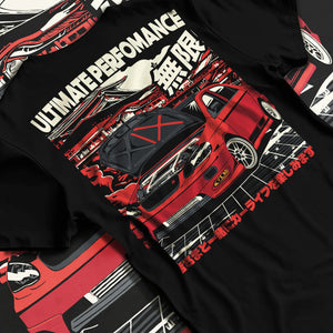 Black T-shirt laid flat with natural fabric folds, featuring racing street performance motorsport automotive enthusiast car02.