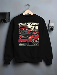 Black crewneck sweatshirt on a hanger against a grey wall, featuring racing street performance motorsport automotive car02.