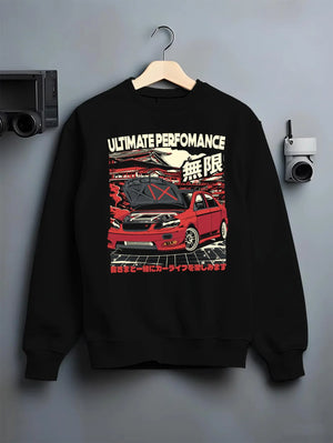 Black crewneck sweatshirt on a hanger against a grey wall, featuring racing street performance motorsport automotive car02.