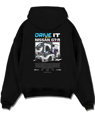 Black pullover hoodie laid flat on a white background, featuring muscle retro vintage classic enthusiast racing street graphic.