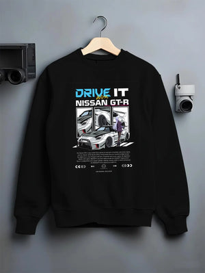 Black crewneck sweatshirt on a hanger against a grey wall, featuring muscle retro vintage classic enthusiast racing street graphic.