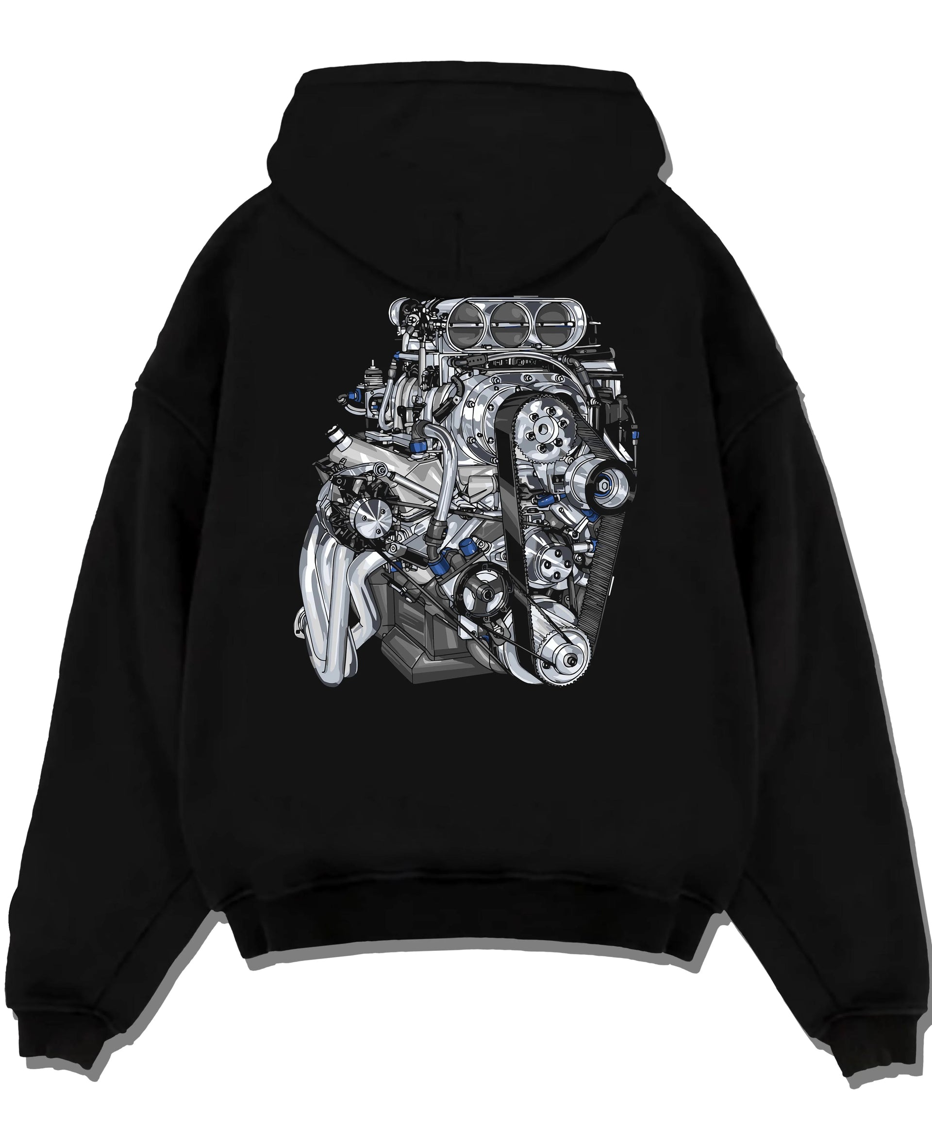 Black pullover hoodie laid flat on a white background, featuring turbo tuner street vintage enthusiast racing performance graphic.