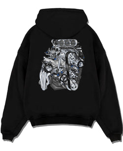 Black pullover hoodie laid flat on a white background, featuring turbo tuner street vintage enthusiast racing performance graphic.